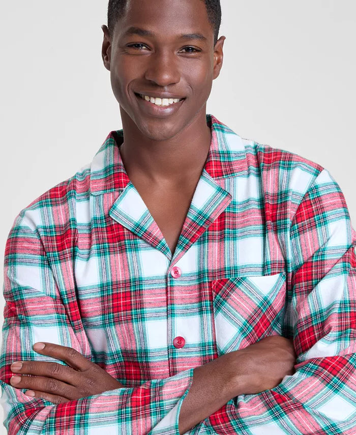 Button Front Flannel Pajama Set with Side Pockets and Long Sleeves, Plaid Pattern