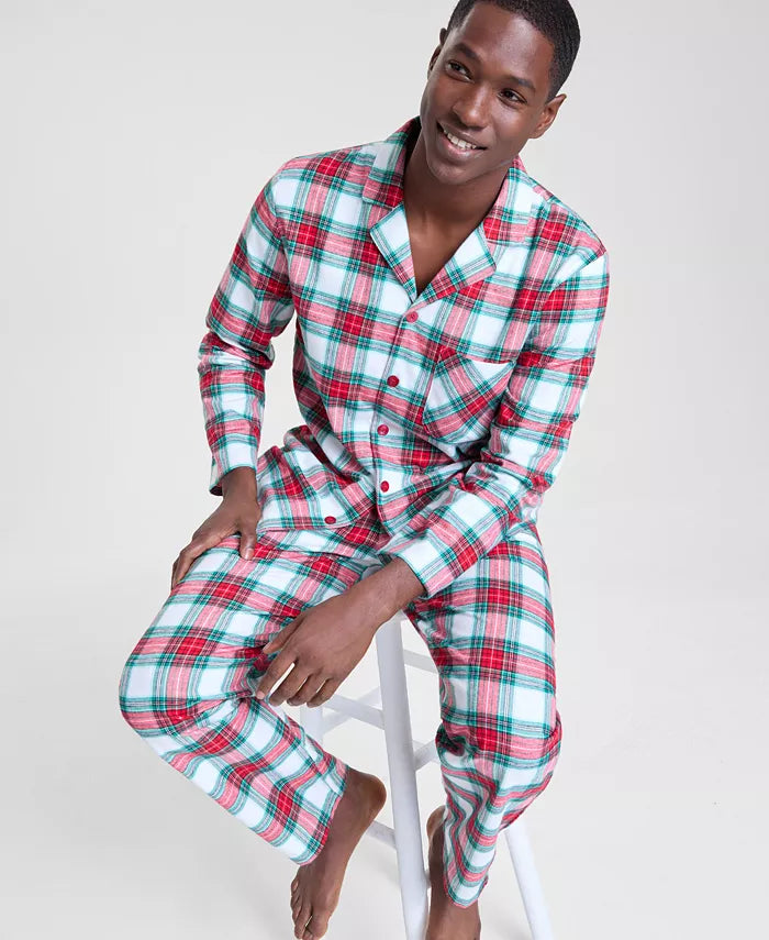 Button Front Flannel Pajama Set with Side Pockets and Long Sleeves, Plaid Pattern