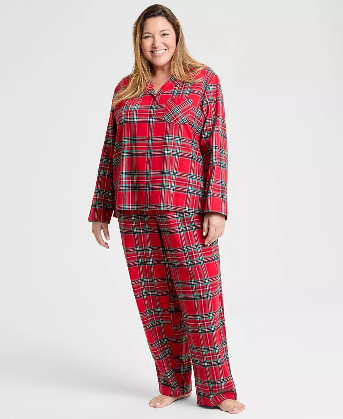 Plaid Flannel Pajama Set with Button Front Top and Drawstring Pants