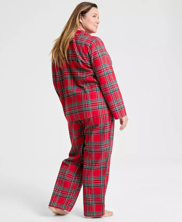 Plaid Flannel Pajama Set with Button Front Top and Drawstring Pants