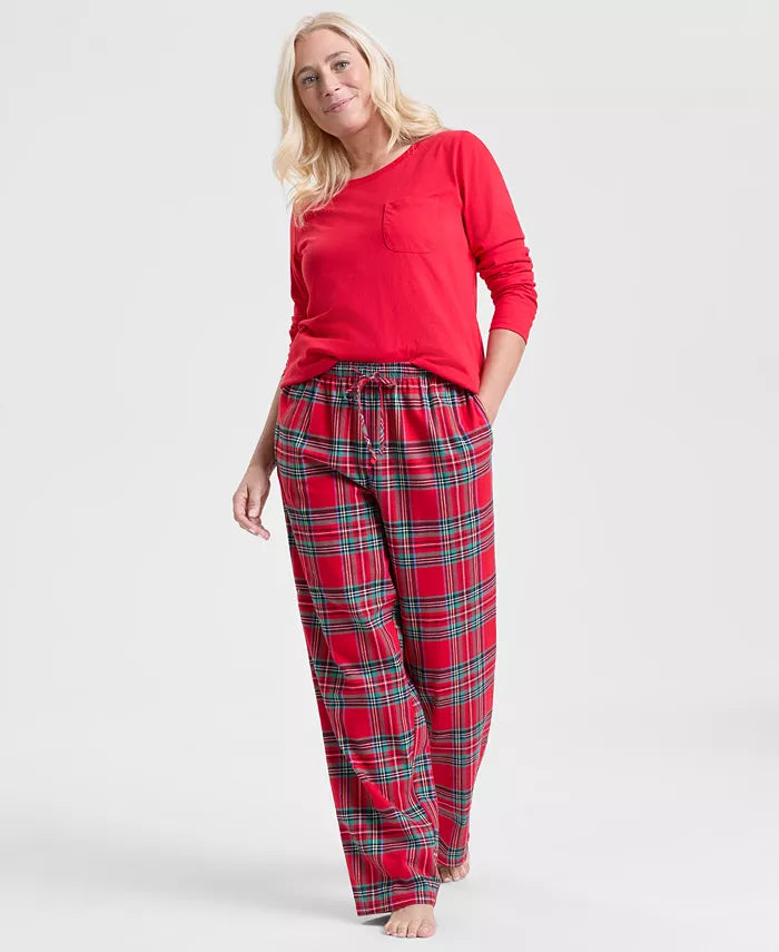 Plaid Pajama Set with Long Sleeves and Drawstring Pants, Hip Pockets