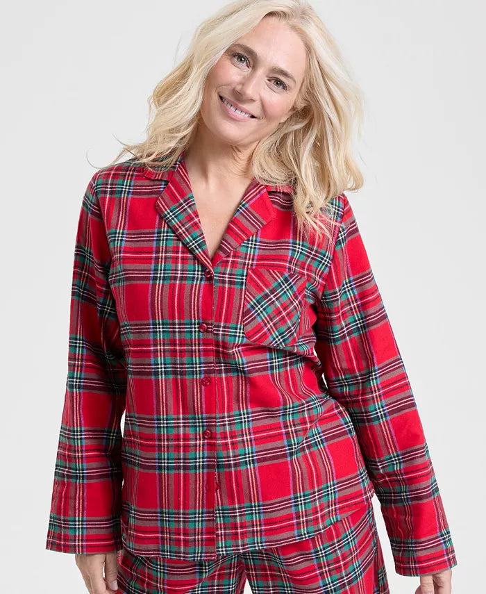 Plaid Flannel Pajama Set with Button Front and Notched Collar, Machine Washable