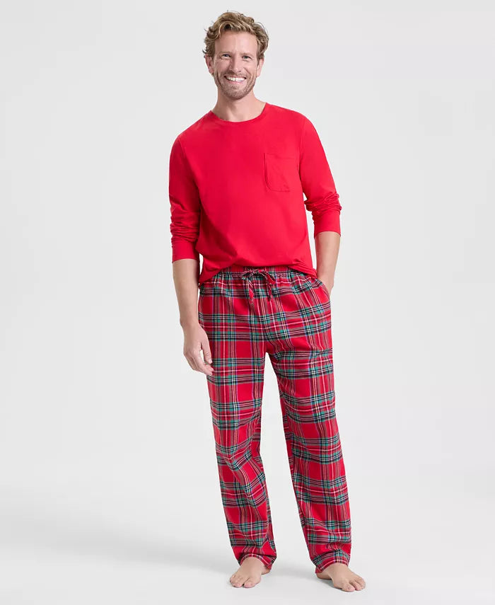 Cotton Flannel Pajama Set with Plaid Design and Elastic Drawstring, Side Pockets