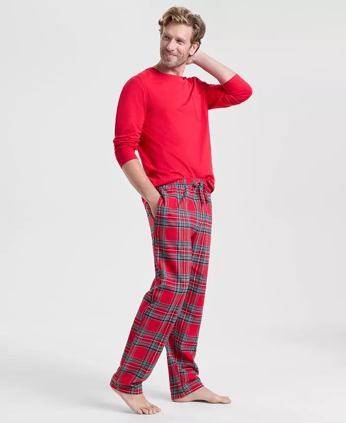 Cotton Flannel Pajama Set with Plaid Design and Elastic Drawstring, Side Pockets