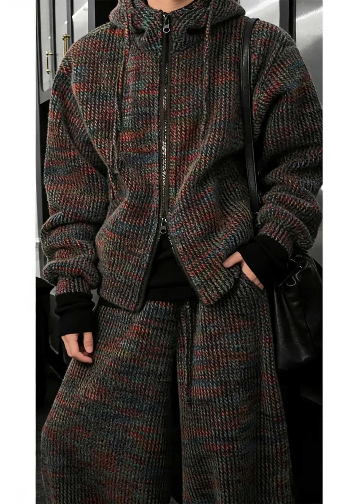 Textured Knit Hoodie and Wide Leg Pants Set with Mixed Color Yarn