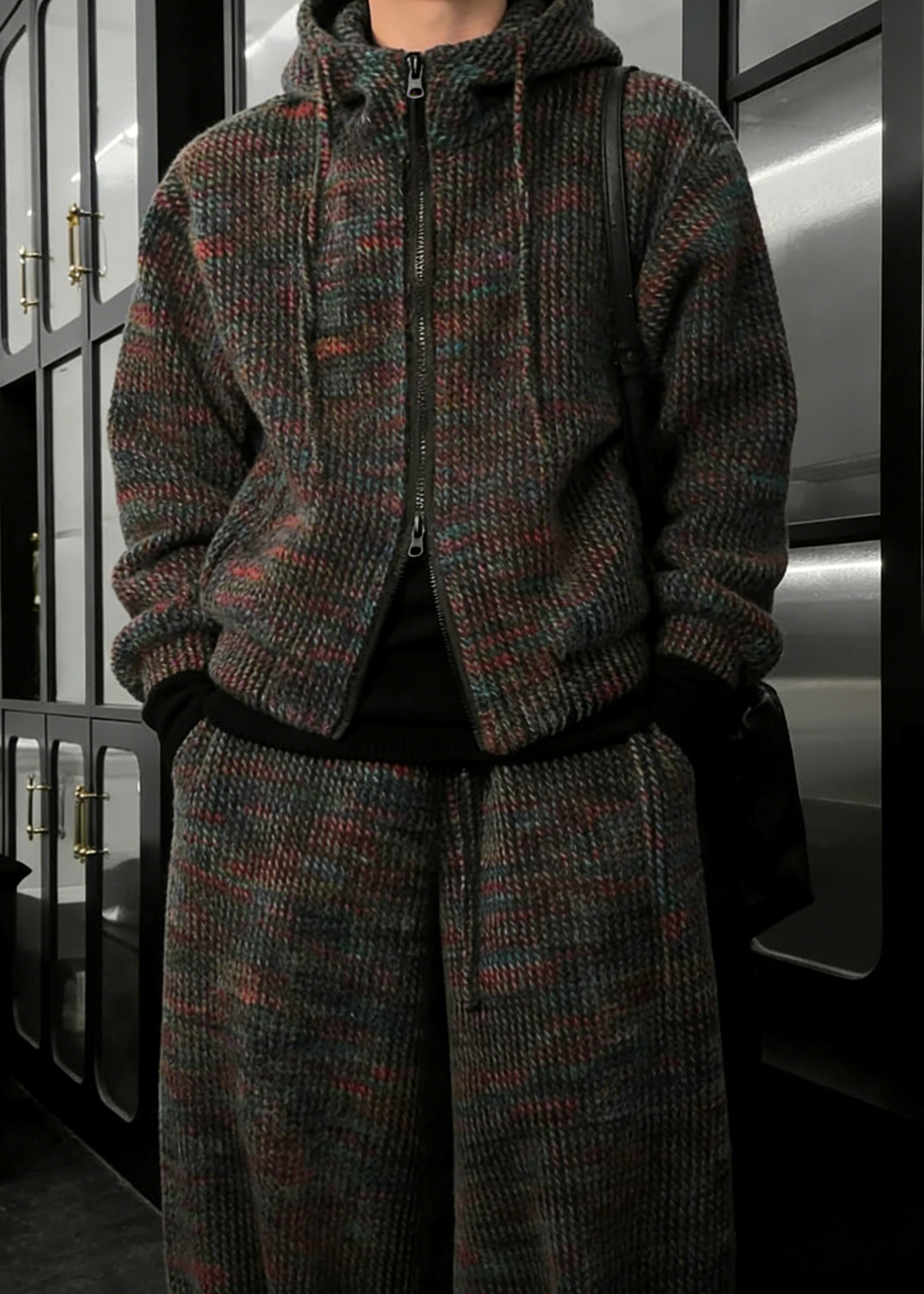 Textured Knit Hoodie and Wide Leg Pants Set with Mixed Color Yarn