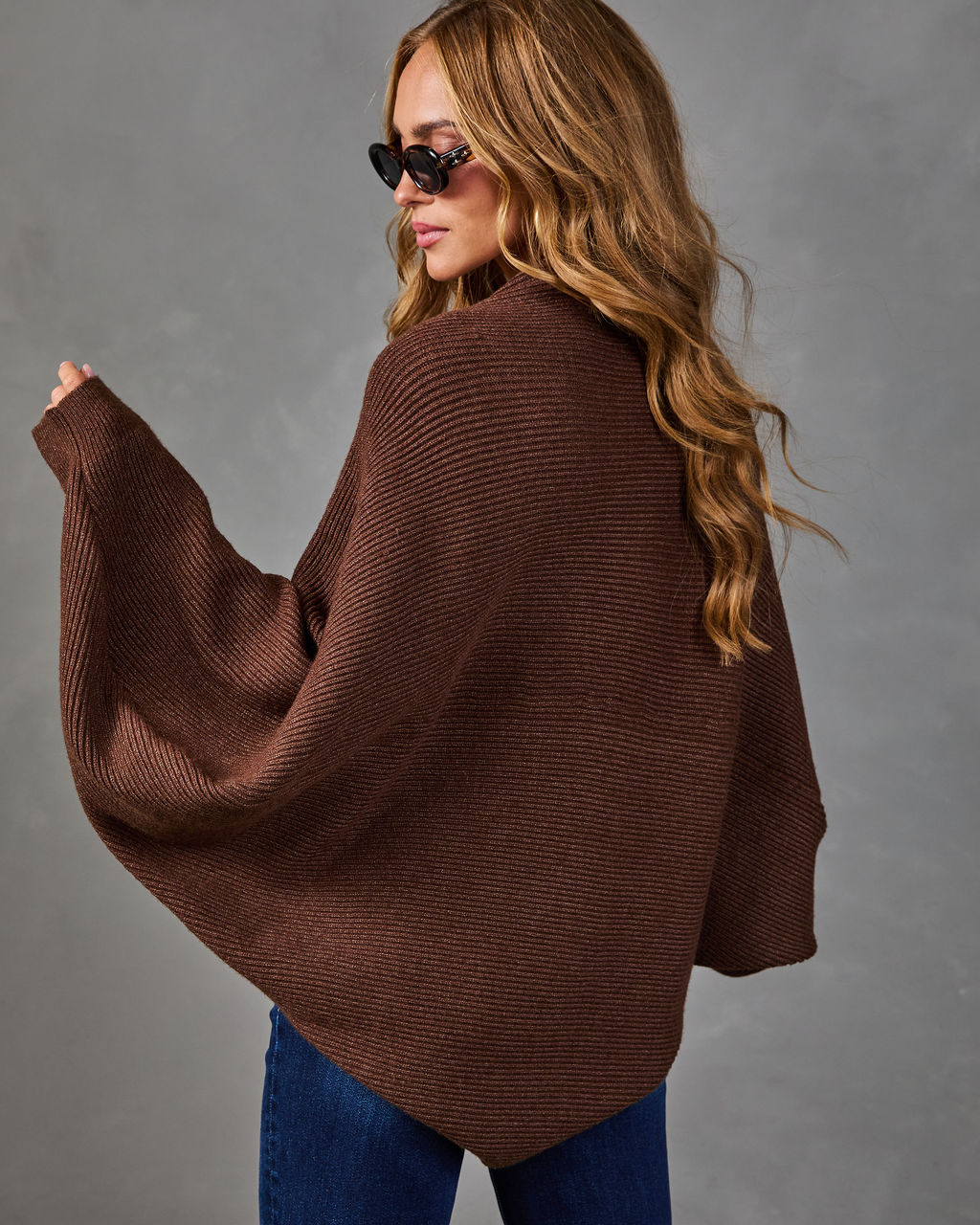 Open Front Ribbed Knit Cardigan with Drop Dolman Sleeves and Stretch Fabric