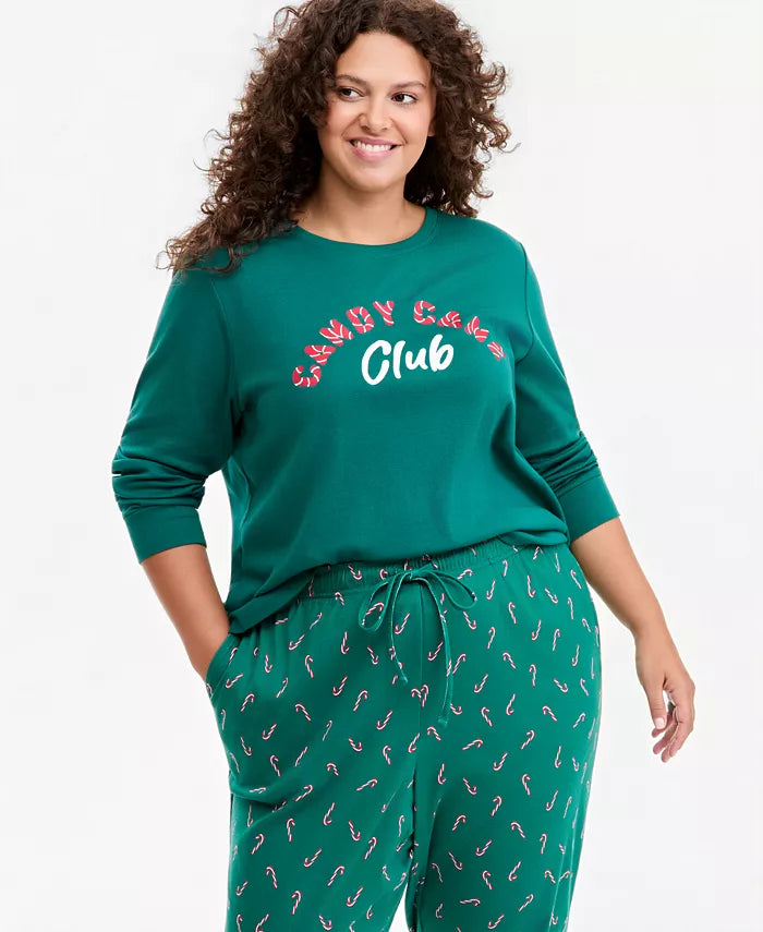 Crewneck Pajama Set with Side Pockets and Elastic Waist, Holiday Print
