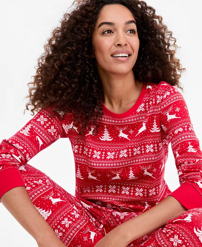 Womens Pajama Set with Deer Fairisle Print, Crewneck Top and Jogger Pants