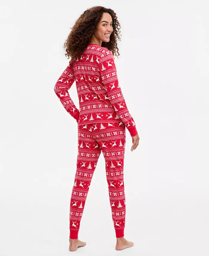 Womens Pajama Set with Deer Fairisle Print, Crewneck Top and Jogger Pants