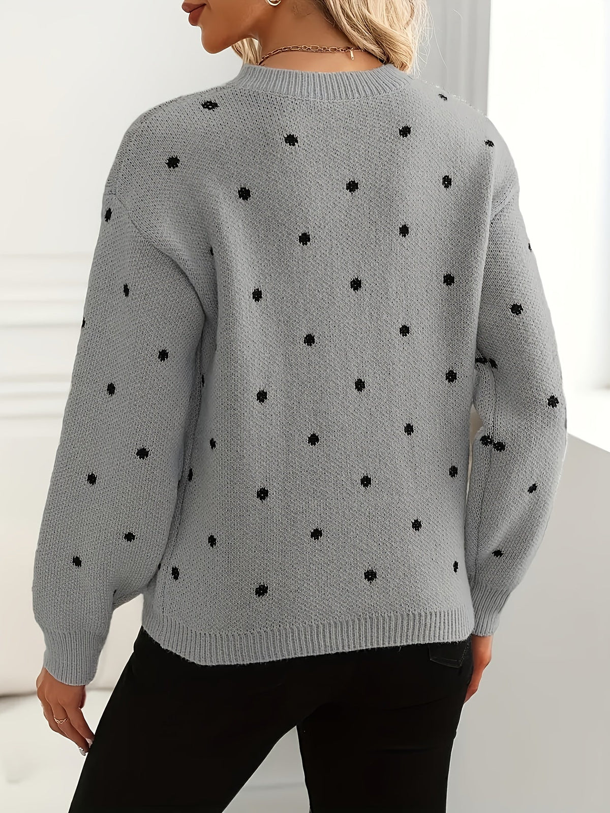 Polka Dot Crew Neck Sweater with Relaxed Fit and Natural Stretch, Ribbed Cuffs