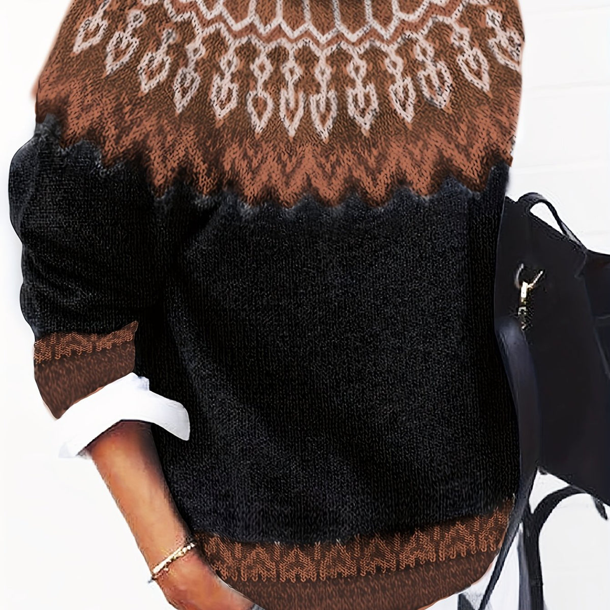 Chunky Jacquard Knit Sweater with Round Neck and Ribbed Cuffs, Hip Length