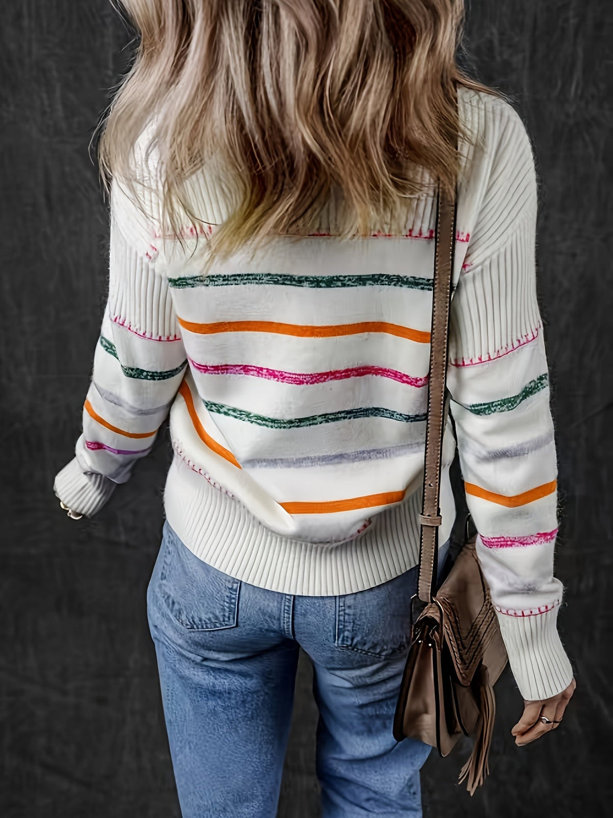 Striped Round Neck Sweater with Relaxed Fit and Full Length Sleeves