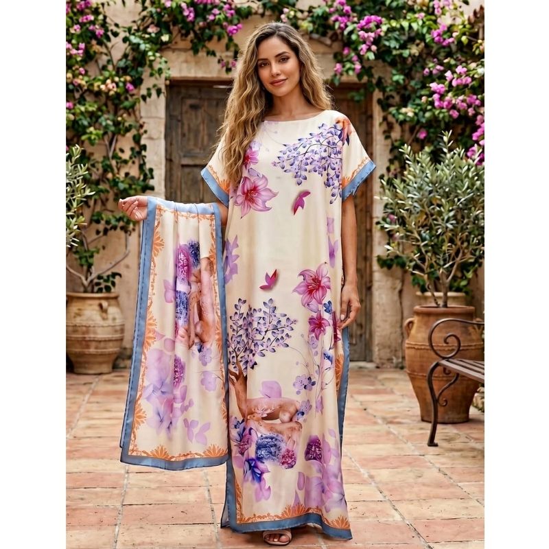 Moomoo Dresses for Women, Bohemian Printed Long Dress and Scarf Set Beach Vacation Matching Outfit