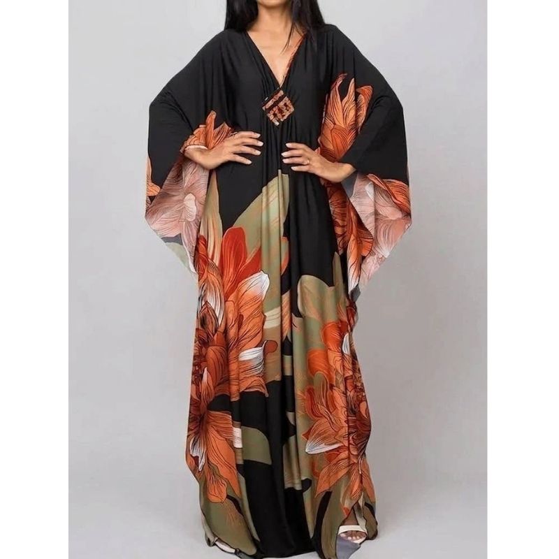 Moomoo Dresses for Women, Plus Size Ethnic Print Kaftan Dress, Mrs. Roper Bubu Mumu Boho Swimsuit Cover Up