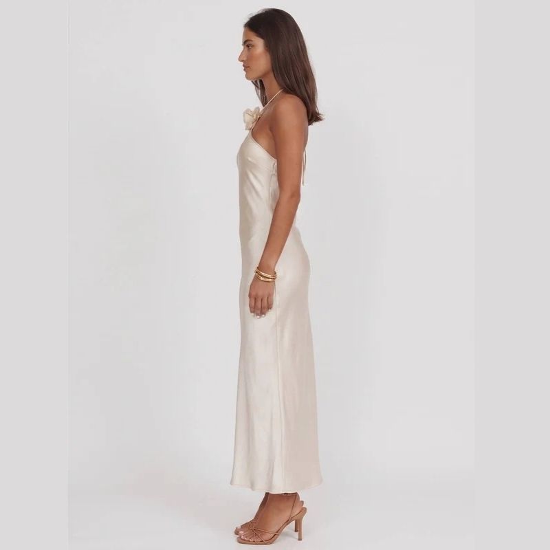 Womens Satin Halter Maxi Dress, Backless Sleeveless Wedding Guest Formal Dress