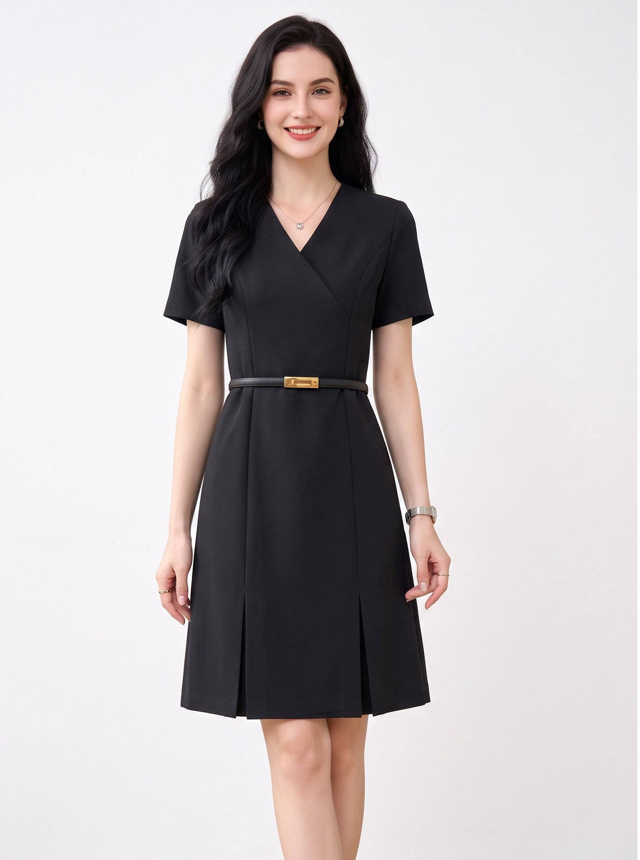 Women's A Line Work Dress, Short Sleeve V Neck Sheath Dress, Professional Business Casual Career Outfit
