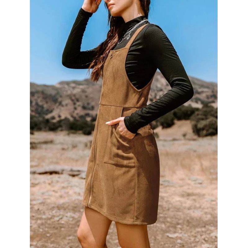 Womens Faux Suede Mini Fall Dress, Square Neck Wide Strap Casual Autumn Dress with Front Pockets