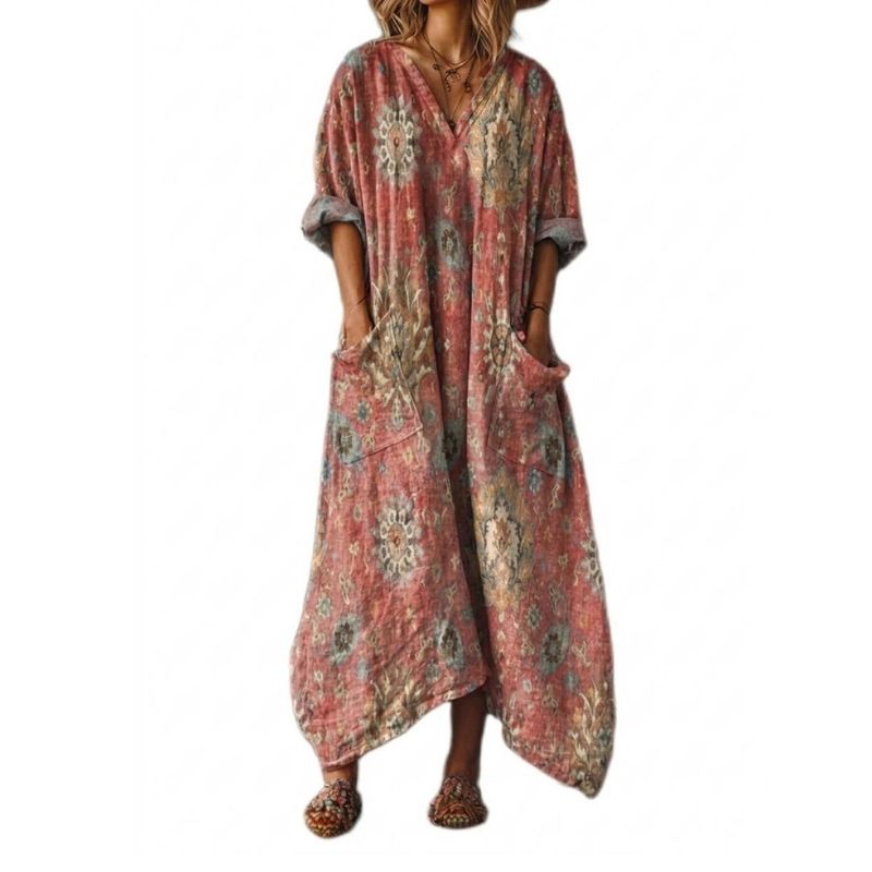 Womens Cotton Maxi Dress, Boho Print Front Pocket Casual Summer Dress