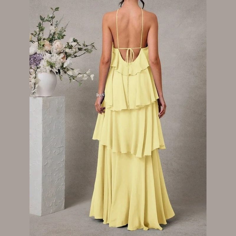 Womens Halter Backless Maxi Dress, Ruffle Layered Wedding Guest and Formal Dress