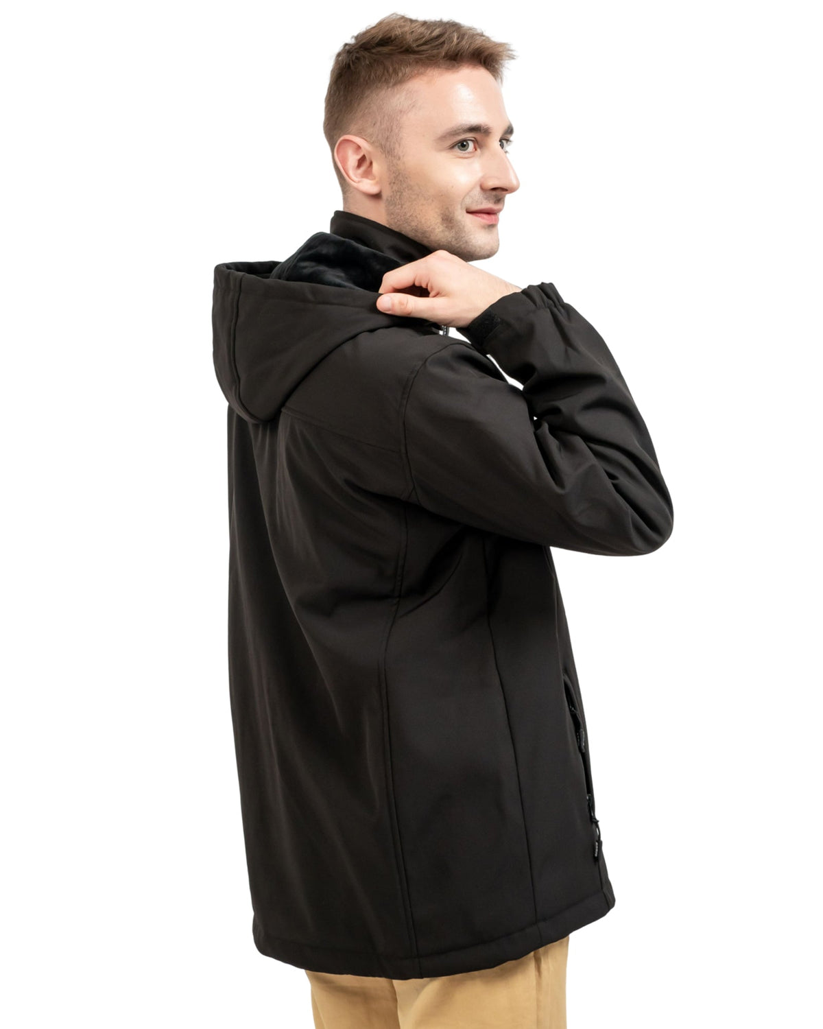 Warm coat has a detachable hood