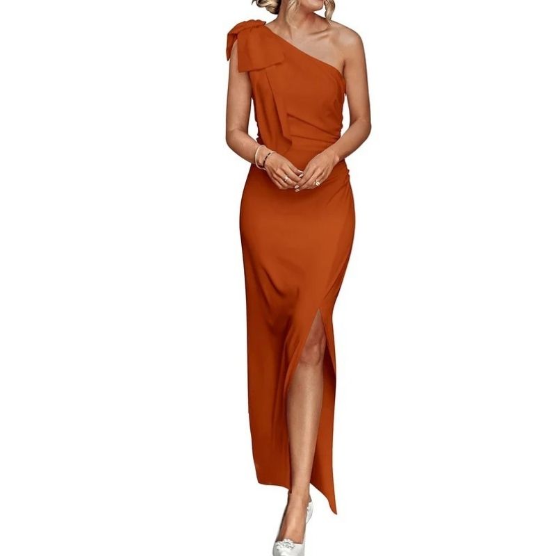 Womens One Shoulder Maxi Dress, Ruched Bodycon Wedding Guest and Formal Dress