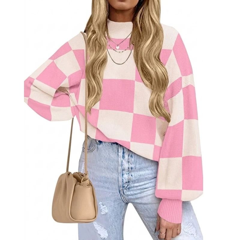 Womens Checkerboard Turtleneck Sweater - Ribbed Knit Loose Fit Pullover