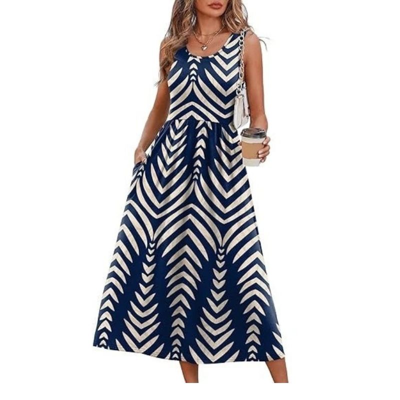 Womens Flowy Midi Dress, Casual Beach Vacation Sundress with Pockets