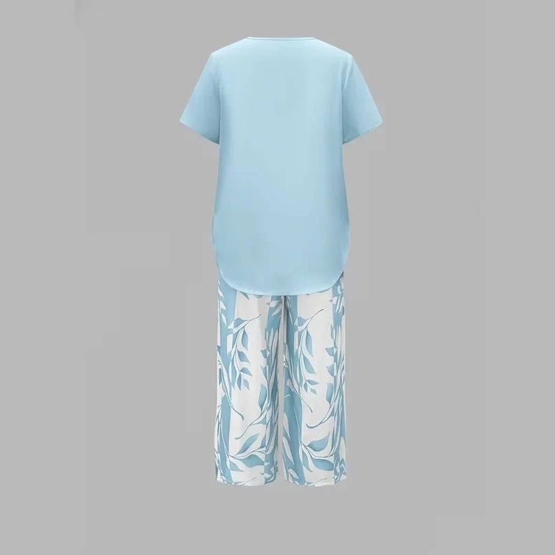 Womens Leaf Print Two Piece Set, Casual Short Sleeve Asymmetric Top and Wide Leg Pants Outfits, Elegant Summer Matching Suit