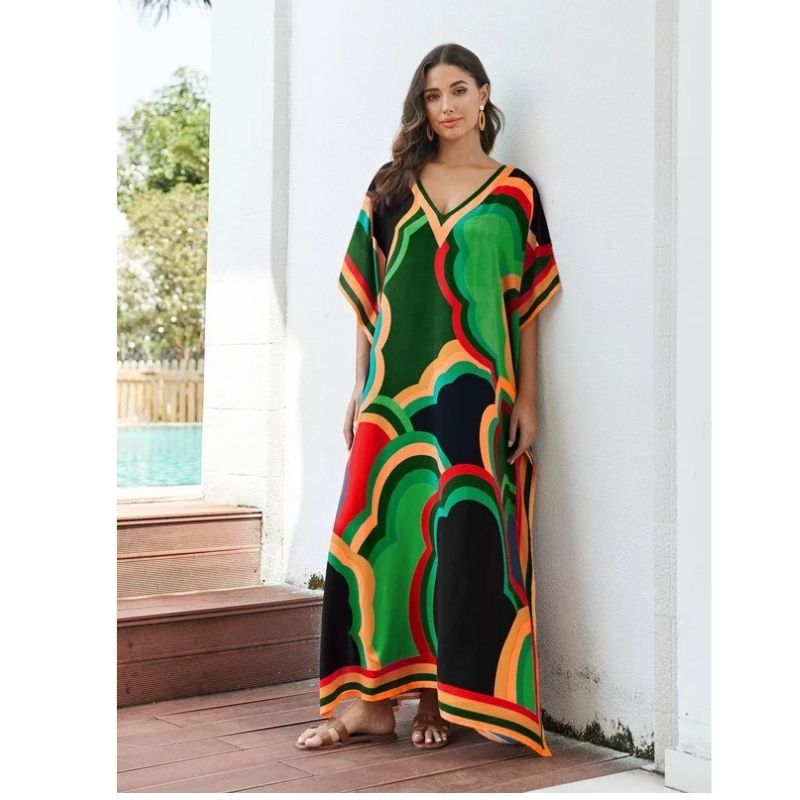 Moomoo Dresses for Women, Plus Size Loose Fit Moroccan Print V Neck Batwing Kaftan Beach Dress