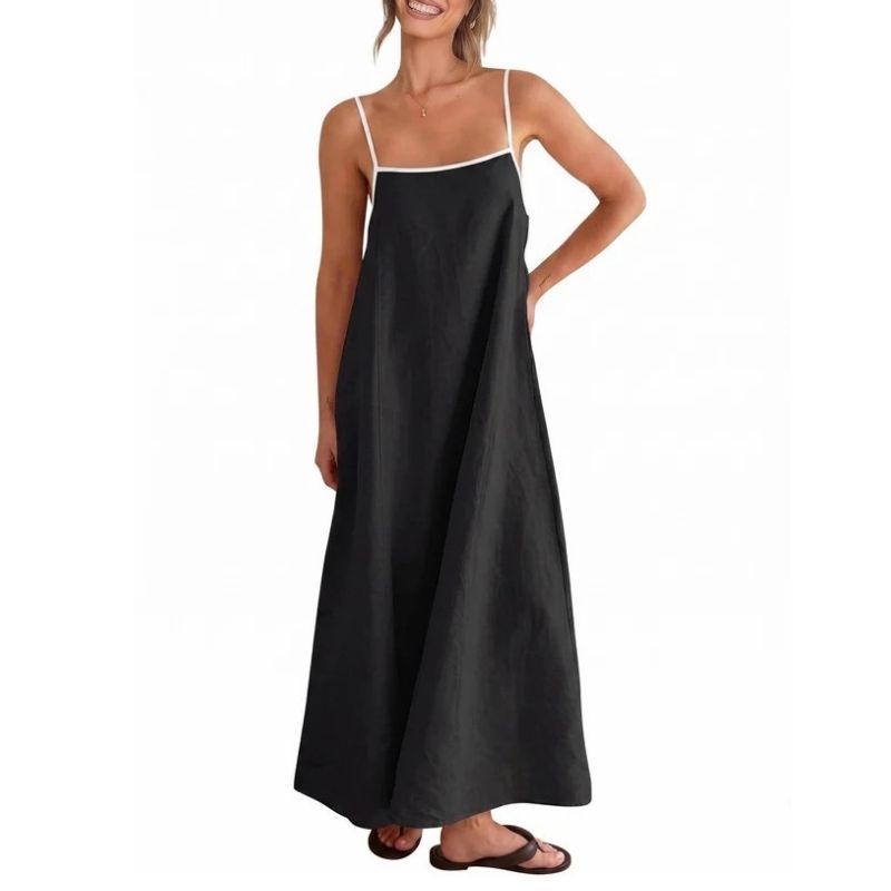 Womens Linen Maxi Dress, Contrast Spaghetti Strap Backless Summer Beach Dress