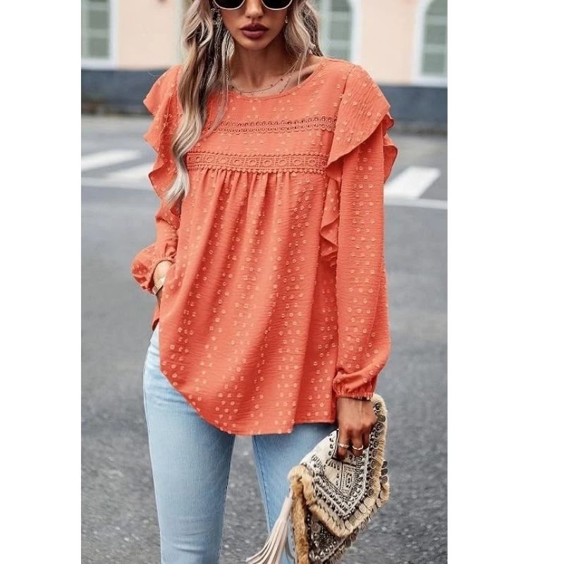 Womens Long Sleeve Shirts, Ruffle Swiss Dot Crochet Loose Fit Tunic, Dressy Casual Tops Blouse, Spring Fashion