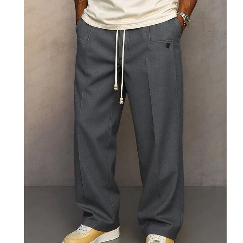 Mens Elegant Wide Leg Pants, Vintage Casual Straight Trousers, Loose Fit Drawstring Pleated Trousers with Pockets