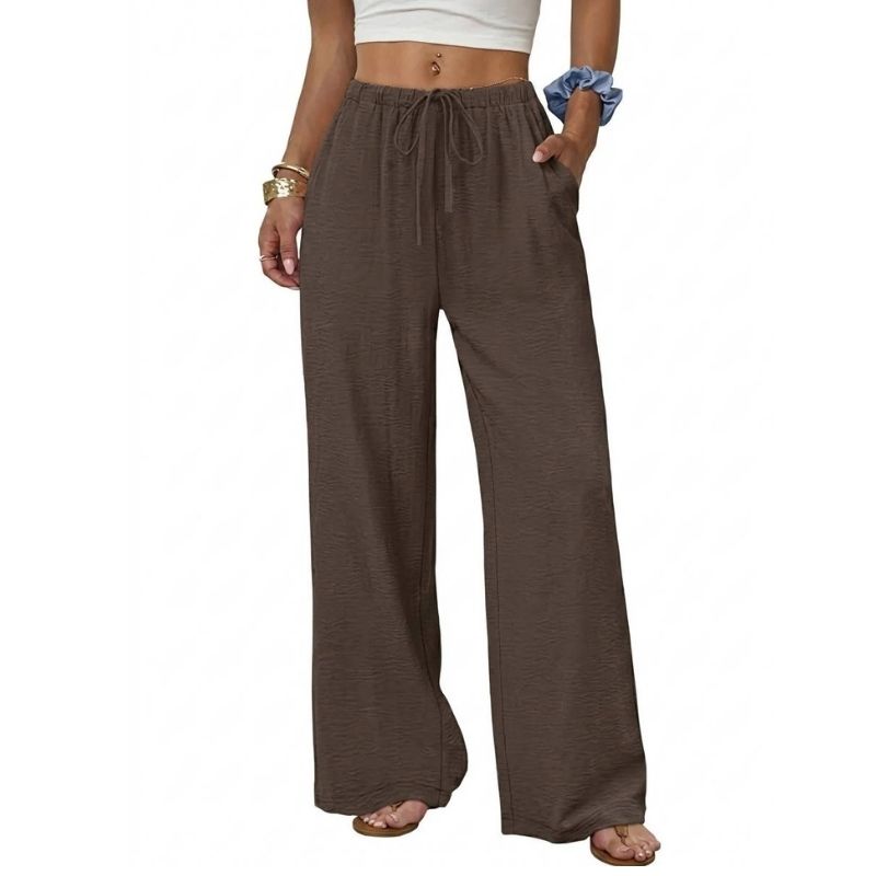 Womens Wide Leg Palazzo Pants, Flowy Drawstring Elastic Waist Trousers with Pockets for Summer, Beach and Vacation Wear