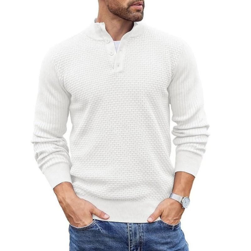 Mens Long Sleeve Henley Sweater, 4 Button Mock Neck Waffle Knit Pullover, Slim Fit Fall Winter Business Casual