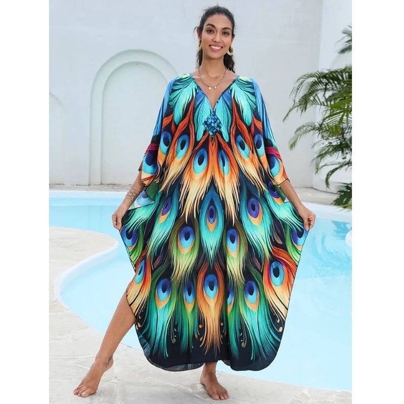 Moomoo Dresses for Women, Plus Size Hawaiian Batwing Sleeve Kaftan Beach Cover Up Dress