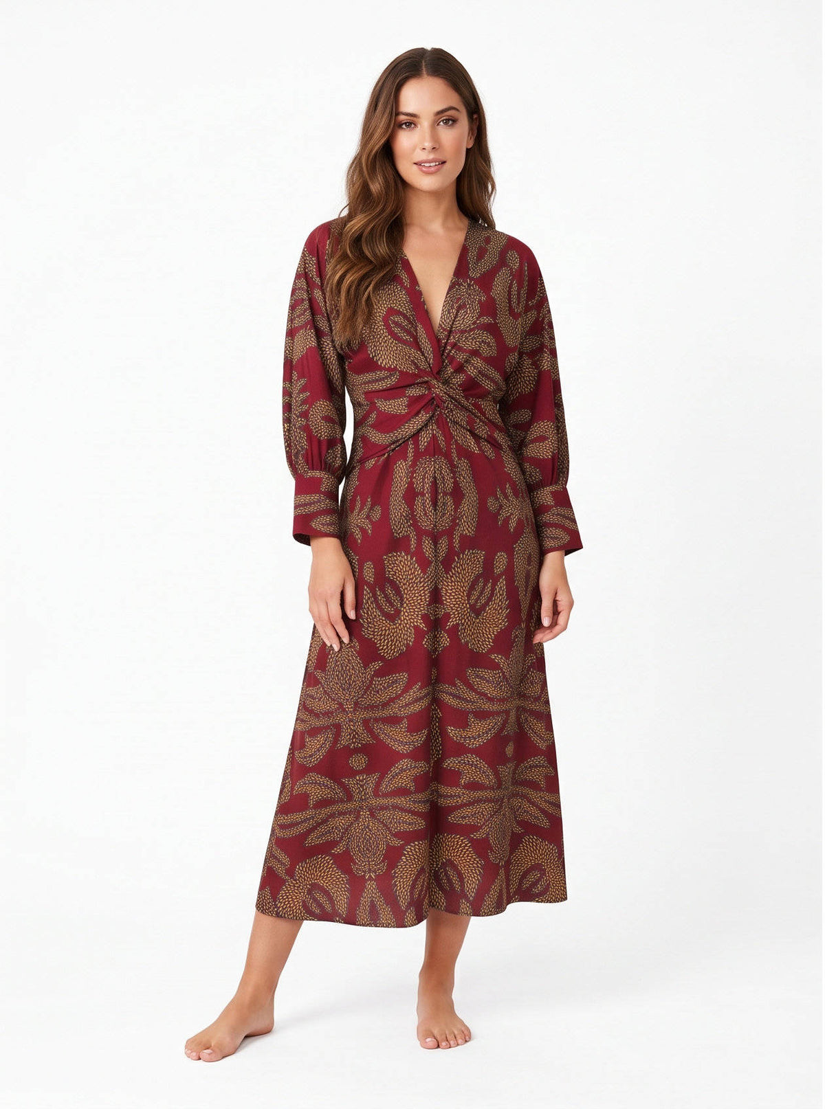 Womens Fall Wedding Guest Dress, V Neck Maxi Dress, Long Sleeve Elegant Formal Dress
