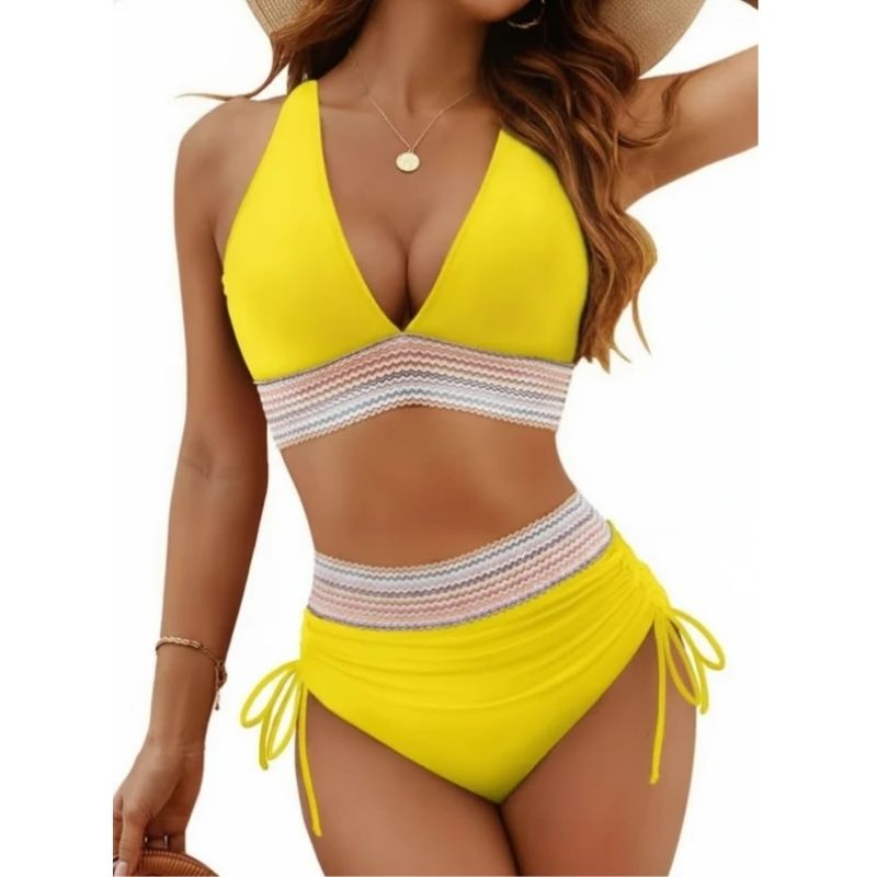 Womens High Waisted Bikini, Chevron Textured Trim Two Pieces Swimsuit, Ruched Drawstring Bathing Suit