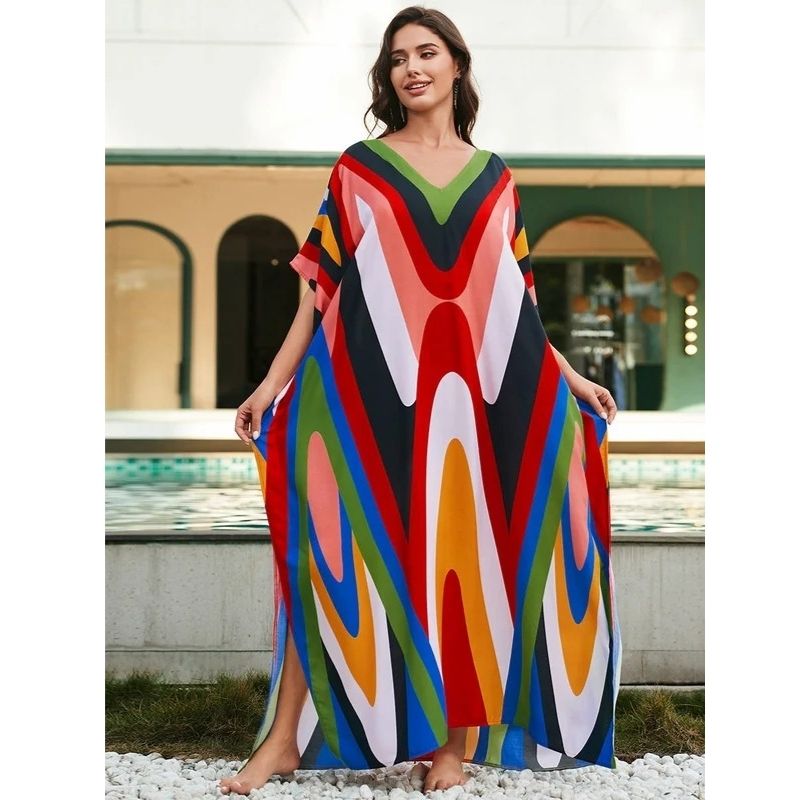 Moomoo Dresses for Women, Plus Size Loose Fit Moroccan Print V Neck Batwing Kaftan Beach Dress