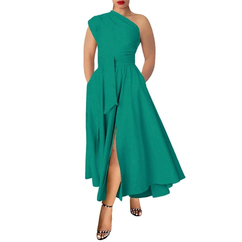 Womens One Shoulder Belted Maxi Dress, Elegant Formal Wedding Guest Dress with Pockets