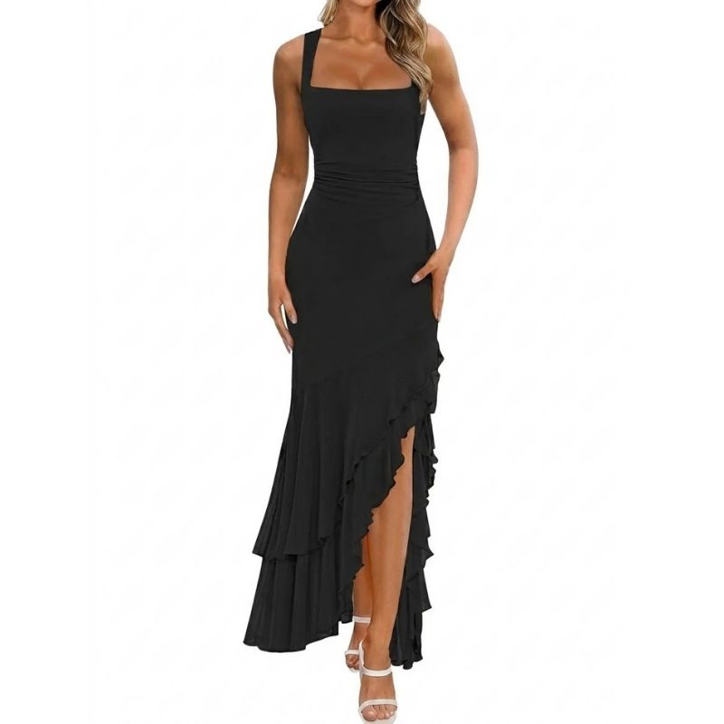 Womens Bodycon Maxi Dress, Ruched Mesh Mermaid Wedding Guest and Cocktail Dress