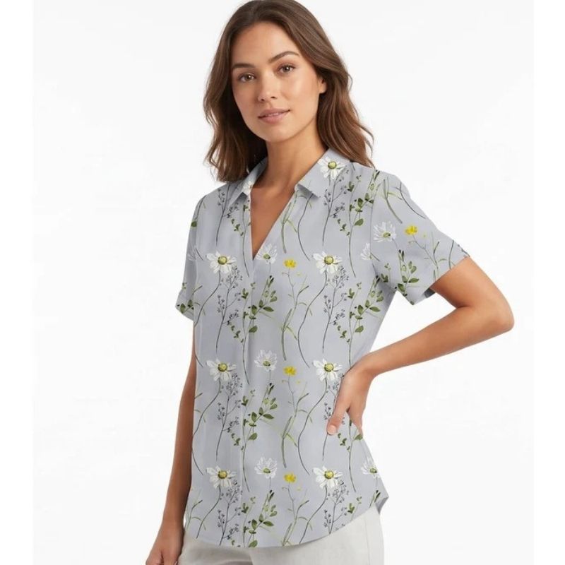 Womens Floral Print Linen Blouse, Vintage Peter Pan Collar Short Sleeve Shirt, Casual Lightweight Prairie Tops