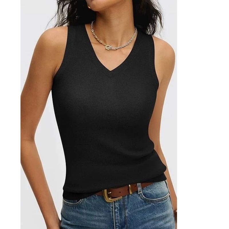 Womens Wool Blend Tank Tops, V Neck Sleeveless Sweater, Business Casual Work Knit Shirt, Slim Fit Summer Outfit