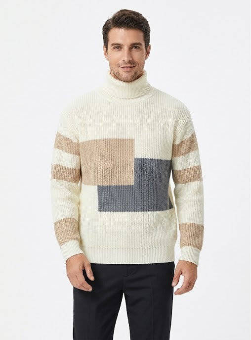 Ribbed Block Turtleneck Knit Sweater