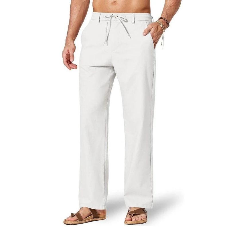 Mens Cotton Linen Pants, Relaxed Fit Drawstring Beach Summer Dress Trousers