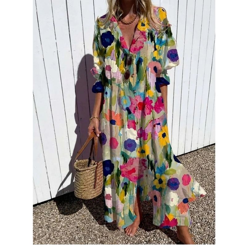 Womens Cotton Maxi Dress, Floral Casual Summer Beach Vacation Dress