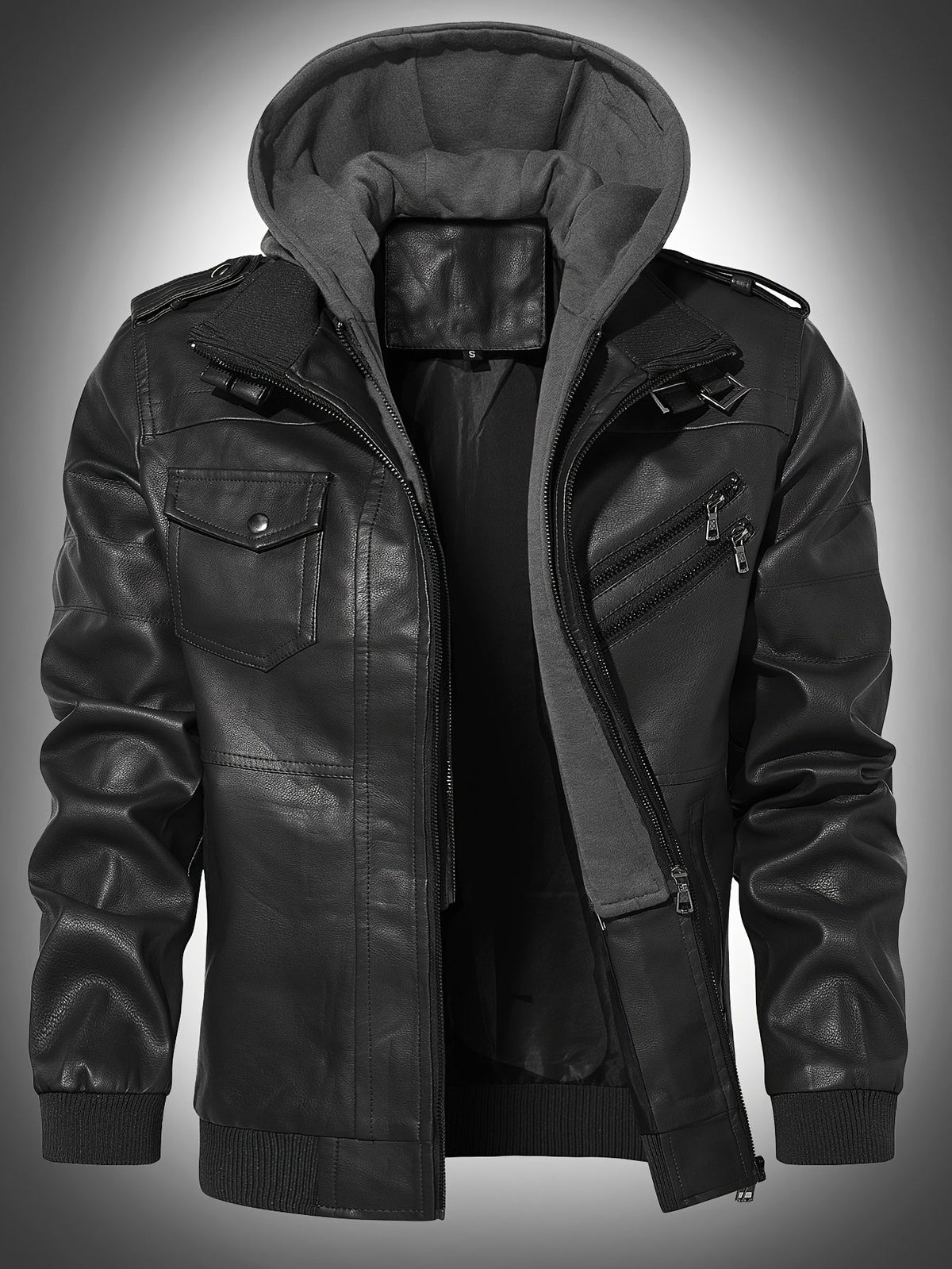 Hooded Biker Jacket with Removable Snap Hood and Multiple Zippered Pockets