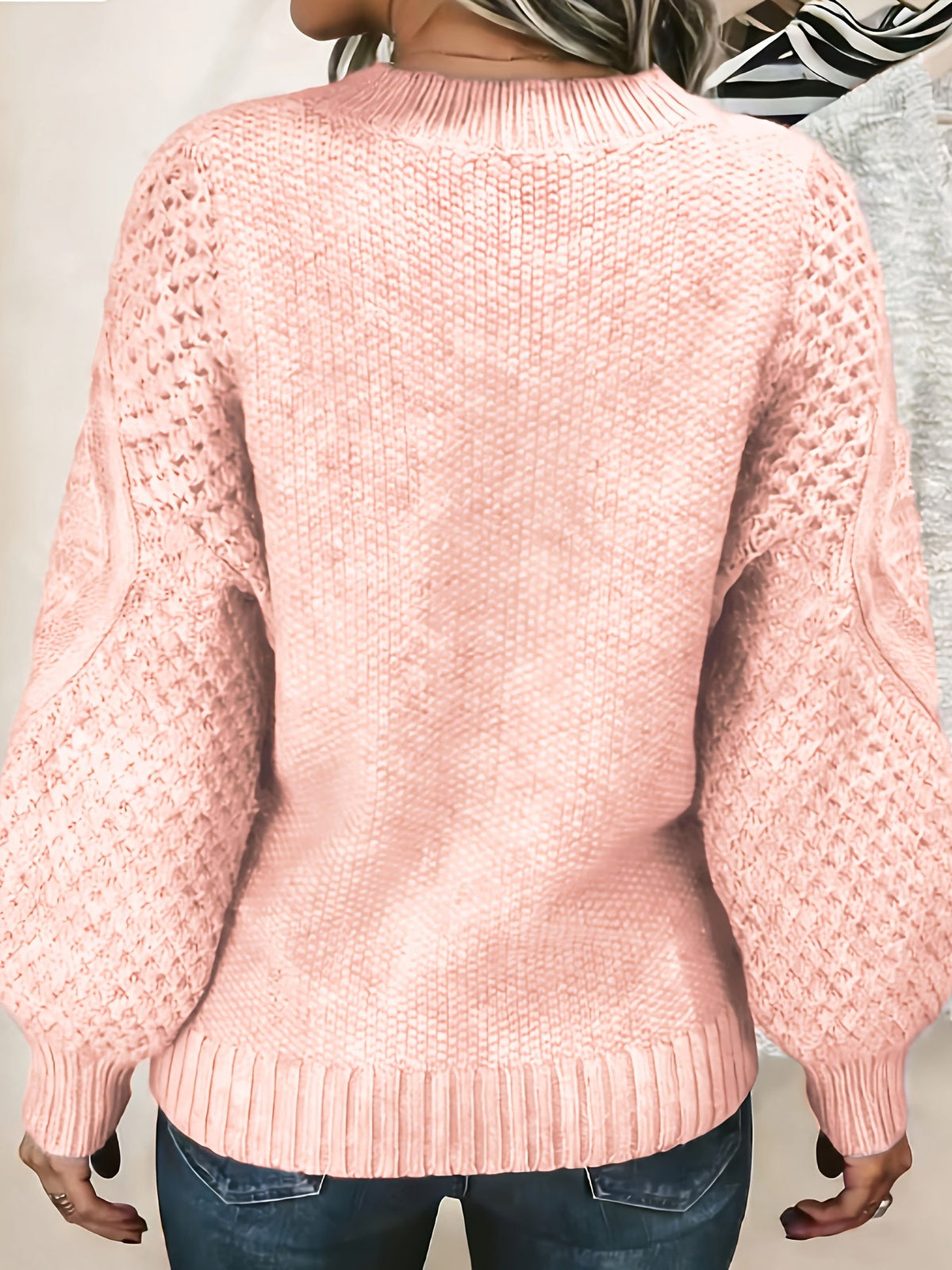 Textured Knit Pullover with Lantern Sleeves and Ribbed Neckline