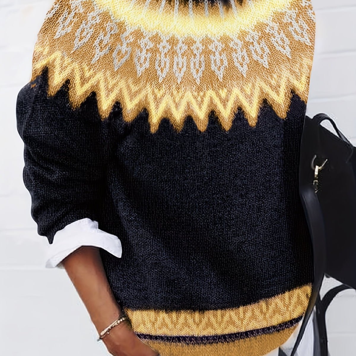 Chunky Jacquard Knit Sweater with Round Neck and Ribbed Cuffs, Hip Length
