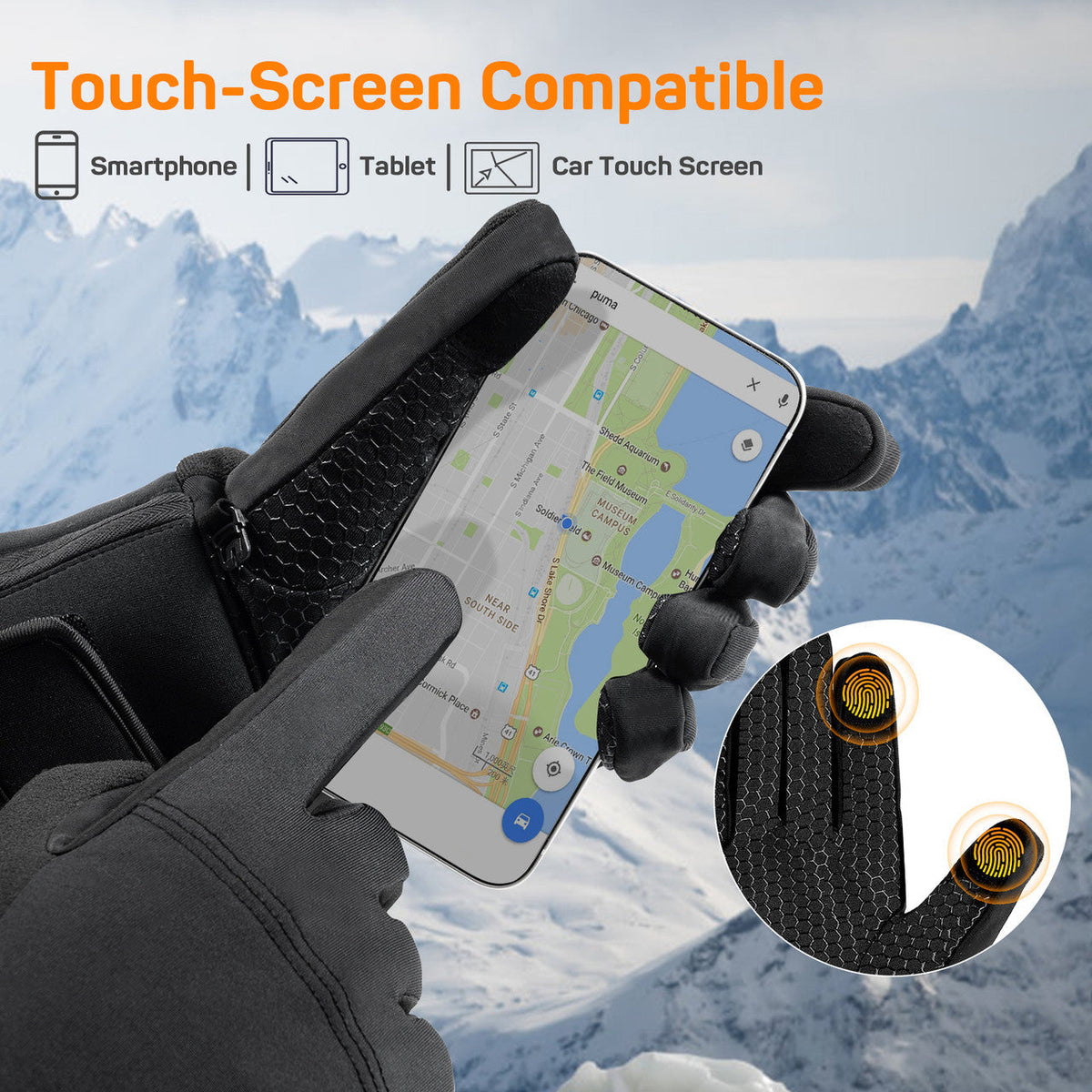 Electric heated gloves with touchscreen fingertips and 3 temperature settings